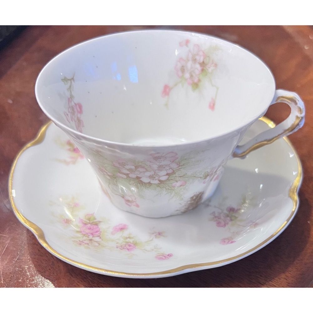Porcelain Haviland Limoges France tea cup saucer pink green floral gold accent